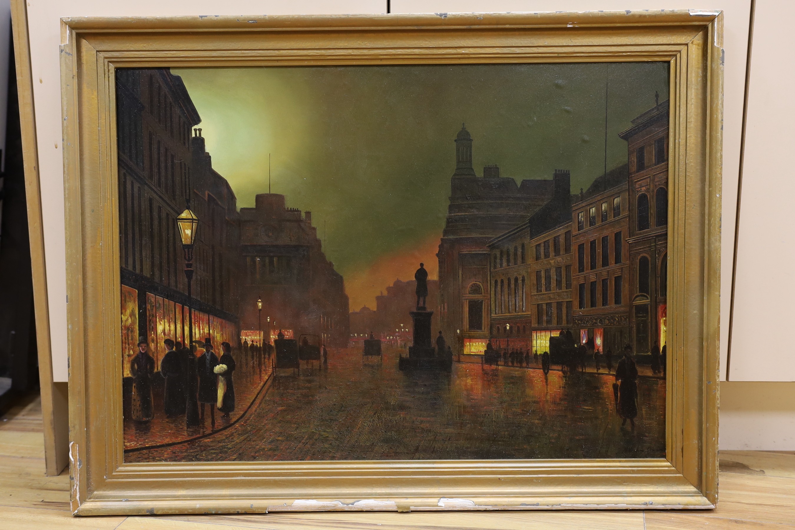 After Atkinson Grimshaw, oil on board, Street scene at night, bears signature, 55 x 76cm